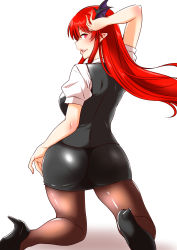 1girl ass blush breasts commentary_request demon_girl grin head_wings high_heels highres kneeling koakuma large_breasts long_hair looking_at_viewer looking_back pantyhose pantylines pencil_skirt pointy_ears puffy_short_sleeves puffy_sleeves red_hair shadow shiraue_yuu short_sleeves sideways_mouth simple_background skirt smile solo thigh_gap touhou white_background wings rating:Questionable score:28 user:danbooru