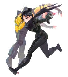 1boy 1girl animification apex_legends ass black_bodysuit black_footwear black_gloves black_hair black_scarf blue_eyes bodysuit boots breasts bullet_hole carrying carrying_person commentary english_commentary fingerless_gloves firing frown gloves gun hair_behind_ear hair_bun hand_on_another&#039;s_ass holding holding_gun holding_weapon joong_beak medium_breasts mirage_(apex_legends) no_pupils person_on_shoulder running scarf single_hair_bun solid_eyes weapon white_background white_eyes wraith_(apex_legends) yellow_bodysuit 
