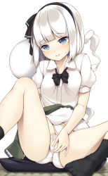 1girl ass bare_legs between_legs black_bow black_bowtie black_hairband black_ribbon blue_eyes blush bow bowtie breasts cameltoe clothed_masturbation clothes_lift commentary_request female_masturbation green_skirt hair_bow hair_ribbon hairband hand_between_legs highres knees_up konpaku_youmu konpaku_youmu_(ghost) looking_at_viewer maremay0513 masturbation medium_hair open_mouth panties ribbon shirt short_sleeves silver_hair simple_background sitting skirt skirt_lift small_breasts solo spread_legs thighs touhou underwear white_panties white_shirt rating:Explicit score:34 user:danbooru