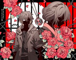  1boy 1girl bad_id bad_twitter_id black_shirt brown_coat brown_hair coat colored_tips cropped_torso eyepatch faceless faceless_female faceless_male flower highres inactive_account japanese_clothes jewelry kimono medical_eyepatch meremero multicolored_hair pendant petals plant profile red_flower red_rose rose rose_petals scar scar_on_arm shirt short_hair silhouette slow_damage thorns towa_(slow_damage) vines 
