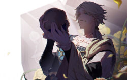  1boy absurdres aesop_carl aesop_carl_(hamlet) black_jacket blonde_hair cape coffin flower frilled_shirt frilled_sleeves frills green_eyes highres holding holding_skull identity_v jacket light_rays long_hair looking_at_viewer low_ponytail male_focus official_alternate_costume parted_bangs parted_lips petals plant rose sash shirt shoulder_sash side_cape sidelighting skull solo stitched_mouth stitches thorns upper_body vines white_shirt yellow_cape yellow_flower yellow_rose zhangyu_zi 