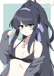  1girl bikini black_bikini black_hair blue_archive blue_eyes collarbone commentary_request daniel_(artist) halo highres jewelry long_hair looking_at_viewer necklace official_alternate_costume ponytail solo swimsuit ui_(blue_archive) ui_(swimsuit)_(blue_archive) upper_body yellow_halo 