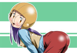  00s 1girl ass bent_over blush breasts brown_eyes covered_erect_nipples digimon digimon_adventure_02 female_focus glasses helmet hinokawa_jun inoue_miyako long_hair long_sleeves looking_at_viewer open_mouth pants purple_hair small_breasts solo striped striped_background tight_clothes tight_pants vest  rating:Questionable score:75 user:tongolele