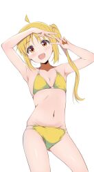  1girl :d ahoge armpits bikini blonde_hair blush bocchi_the_rock! borgbutler breasts commentary_request double_v highres ijichi_nijika long_hair looking_at_viewer nail_polish navel open_mouth orange_eyes side_ponytail simple_background small_breasts smile solo standing stomach swimsuit v white_background yellow_bikini yellow_nails 