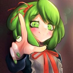  1girl blush bow child closed_mouth danganronpa_(series) danganronpa_another_episode:_ultra_despair_girls female_focus fingernails green_eyes green_hair grey_background hair_bow hair_ribbon hairband headband long_sleeves looking_at_viewer nail_polish neck_ribbon outstretched_arm outstretched_hand reaching reaching_towards_viewer red_bow red_hairband red_headband red_ribbon ribbon simple_background smile solo towa_monaca upper_body 