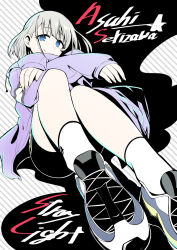 1girl bike_shorts blue_eyes blush character_name closed_mouth crossed_arms full_body grey_hair hands_on_own_knee idolmaster idolmaster_shiny_colors ishii_takuma jacket knees_up long_sleeves looking_at_viewer purple_jacket serizawa_asahi shoes short_hair sitting sleeves_past_wrists smile sneakers socks solo striped_background two-tone_background white_socks 