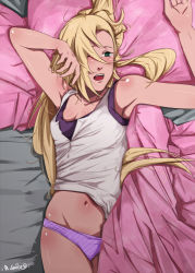  1girl bed bed_sheet blanket blonde_hair blush breasts cleavage cowboy_shot from_above green_eyes hair_down hair_over_one_eye long_hair lying medium_breasts messy_hair naruto naruto_(series) navel on_back on_bed one_eye_closed open_mouth panties pillow ponytail purple_panties sbel02 signature sleeveless solo striped_clothes striped_panties tears underwear very_long_hair waking_up yamanaka_ino  rating:Questionable score:229 user:xfghfsdg