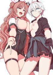  2girls aiue_oka bead_bracelet beads black_choker black_gloves black_horns black_panties black_skirt blue_archive blue_eyes blue_halo bracelet breasts brown_hair choker closed_mouth clothes_around_waist collared_shirt commentary_request covered_navel cowboy_shot double_bun dress_shirt erika_(blue_archive) fang gloves hair_between_eyes hair_bun half-closed_eyes halo high-waist_skirt highres horns jewelry kirara_(blue_archive) large_breasts long_hair looking_at_viewer medium_breasts miniskirt multiple_girls nipples open_clothes open_mouth open_shirt panties pantyshot pink_eyes pink_halo pleated_skirt pocket shirt short_hair short_sleeves simple_background skindentation skirt sleeve_rolled_up smile thigh_strap thighs underwear v white_background white_shirt 