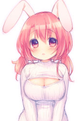 1girl animal_ears blush breasts cleavage cleavage_cutout clothing_cutout large_breasts looking_at_viewer low_twintails meme_attire open-chest_sweater original rabbit_ears red_eyes red_hair ribbed_sweater sakura_(mani) simple_background sketch solo sweater turtleneck twintails usashiro_mani white_background rating:Sensitive score:36 user:danbooru
