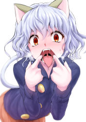 1girl animal_ears blue_jacket blurry blush cat_ears cat_tail commentary_request cover cowboy_shot depth_of_field drooling hair_between_eyes heavy_breathing hunter_x_hunter jacket leaning_forward looking_at_viewer mouth_pull neferpitou nose_blush oral_invitation orange_skirt pleated_skirt red_eyes saliva sanpaku short_hair silver_hair simple_background skirt solo tail tongue tongue_out uvula watarui wavy_hair white_background wide-eyed rating:Sensitive score:278 user:danbooru