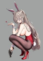 1girl absurdres animal_ears black_pantyhose blowing_kiss bow bowtie breasts detached_collar extra_ears full_body grey_background grey_hair gun handgun highres holofive hololive large_breasts leotard lion_girl lion_tail long_hair pantyhose playboy_bunny rabbit_ears rabbit_tail red_bow red_bowtie red_leotard shishiro_botan simple_background solo squatting strapless strapless_leotard tail virtual_youtuber weapon weapon_request wrist_cuffs zexalmike 