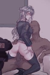  1boy 1girl black_thighhighs blush breasts camera closed_eyes clothed_female_nude_male clothed_sex commentary completely_nude couch dangodes english_commentary erection faceless faceless_male from_behind girl_on_top grey_hair hair_between_eyes hair_bun hand_on_another&#039;s_hip hand_on_own_thigh hetero high_heels highres indoors jacket long_hair medium_breasts muted_color nude on_couch open_mouth original penis pleated_skirt recording saliva saliva_trail sex shirt single_hair_bun single_side_bun sitting skirt straddling suit_jacket sweatdrop teeth thighhighs tongue upright_straddle white_hair white_shirt white_skirt  rating:Explicit score:44 user:danbooru