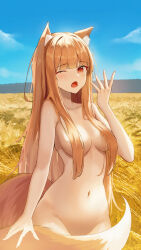  1girl absurdres animal_ear_fluff animal_ears blue_sky breasts brown_hair cloud commentary completely_nude day fang fingernails groin hair_over_breasts hand_up highres holo light_blush long_fingernails long_hair looking_at_viewer medium_breasts mountainous_horizon navel nude one_eye_closed open_mouth outdoors red_eyes shj1998z sky solo spice_and_wolf stomach tail tearing_up tongue very_long_hair wheat_field wolf_ears wolf_girl wolf_tail yawning 