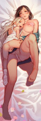 2girls :d absurdres age_difference anus ass bare_shoulders barefoot bed_sheet blonde_hair blue_eyes blush bottomless breasts brown_eyes brown_hair clothing_aside collarbone commentary_request dakimakura_(medium) dress earrings feet female_masturbation fingering full_body highres jewelry large_breasts loli long_hair looking_at_viewer lying lying_on_person masturbation mature_female medium_breasts muk_(monsieur) multiple_girls nina_(tiny_evil) nipples no_shoes off_shoulder older_woman_and_younger_girl on_back onee-loli open_mouth panties panties_aside parted_lips petals pink_panties pussy_juice saliva saliva_trail short_dress short_hair smile socks spread_legs tiny_evil underwear white_dress wide_hips yuri rating:Explicit score:1703 user:danbooru