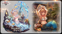  :d bath blonde_hair breasts bucket medium_breasts mermaid monster_girl open_mouth partially_submerged ponytail rubber_duck sennen_sensou_aigis smile sword weapon wooden_bucket 