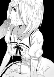  1boy 1girl ame-iro_cocoa_side_g black_background character_request closed_mouth copyright_request cum cum_on_clothes cum_on_hair dress facial kate_(ame-iro_cocoa) monochrome penis tagme white_hair  rating:Explicit score:11 user:kamizawa