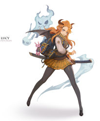  1girl absurdres backpack bag black_footwear black_pantyhose blue_bag buttons character_name commentary demon_horns demon_wings english_text fang gd_choco ghost grey_eyes hair_ornament hair_slicked_back hairclip highres holding holding_sheath holding_sword holding_weapon horns katana long_hair open_mouth orange_hair orange_skirt original pantyhose pointy_ears scabbard scarf school_uniform sheath sheathed simple_background skirt solo striped_clothes striped_scarf stuffed_animal stuffed_toy sword uniform weapon white_background wings zipper 