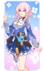  1girl :d arm_at_side black_choker blue_background blue_eyes blue_jacket blue_skirt border bra_strap breasts buttons camera choker commentary_request cowboy_shot earrings gradient_jacket hair_between_eyes hand_up highres honkai:_star_rail honkai_(series) jacket jewelry long_sleeves march_7th_(honkai:_star_rail) nattoutyahan no_gloves open_mouth outside_border pink_background pink_eyes pink_hair pleated_skirt shirt simple_background single_earring skirt smile solo thigh_strap tied_jacket two-tone_eyes v white_border white_shirt 
