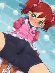  1girl bike_shorts bike_shorts_under_skirt blush brown_hair cameltoe embarrassed fat_mons female_focus from_below green_eyes loli looking_at_viewer red_hair saru_getchu sayaka_(saru_getchu) shoes short_twintails shorts shorts_under_skirt sitting skirt solo spread_legs squatting stupa13a sweatdrop twintails  rating:Sensitive score:192 user:boredperson