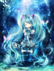  1girl :d aqua_hair aqua_necktie bare_shoulders black_skirt black_thighhighs boots breasts bug butterfly closed_eyes collared_shirt detached_sleeves fish frilled_shirt_collar frilled_skirt frills green_necktie grey_shirt hand_on_own_chest hatsune_miku headphones insect kneeling light_particles long_hair medium_breasts music necktie onineko open_mouth outstretched_arm pleated_skirt shirt singing skirt smile solo submerged swept_bangs tattoo thigh_boots thighhighs twintails underwater very_long_hair vocaloid wide_sleeves zettai_ryouiki 