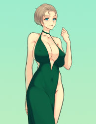  1girl 47_hard breasts brown_hair challengia cleavage collarbone depchan dress green_background green_dress green_eyes highres large_breasts nchans nchans_style open_mouth short_hair simple_background solo 