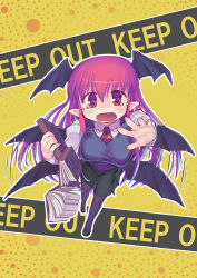 1girl bat_wings book breasts caution_tape dress_shirt dropping embodiment_of_scarlet_devil english_text female_focus flapping from_above head_wings holding holding_book keep_out koakuma large_breasts long_hair multiple_wings necktie nukaji_(kuromahou_kenkyuujo) open_mouth outstretched_arm pantyhose pin pointy_ears red_eyes red_hair shirt skirt solo tears tie_clip touhou vest wavy_mouth white_shirt wings rating:Sensitive score:6 user:danbooru