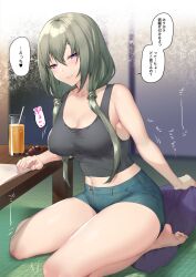  1girl bare_shoulders barefoot blush breasts candy cleavage commentary_request covered_erect_nipples cup drinking_glass drinking_straw food green_hair hair_between_eyes highres itohana long_hair looking_at_viewer low_twintails navel original purple_eyes shorts sitting smile solo table tank_top tatami translation_request twintails wariza 