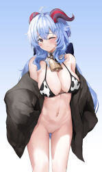  1girl animal_print bare_shoulders bell bikini bikini_top_only blue_hair blush bottomless breasts cleavage cleft_of_venus cow_print cowbell ganyu_(genshin_impact) genshin_impact goat_horns highres horns jacket large_breasts looking_at_viewer navel nevin_(flyskying) nude_filter one_eye_closed open_clothes open_jacket pussy stomach swimsuit third-party_edit  rating:Explicit score:26 user:engi02