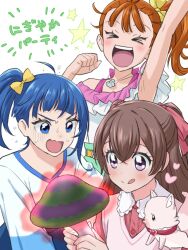  &gt;_&lt; 3g45 3girls :d :q ahoge arm_up aura blue_eyes blue_hair blue_shirt brown_hair casual clenched_hand closed_eyes closed_mouth collared_dress cut_bangs dark_aura delicious_party_precure dress frilled_shirt frills frown gloom_(expression) green_shorts hair_pulled_back hair_ribbon heart hirogaru_sky!_precure holding holding_mushroom jewelry kome-kome_(precure) long_hair long_sleeves looking_at_another medium_hair multiple_girls mushroom nagomi_yui natsuumi_manatsu necklace off-shoulder_shirt off_shoulder ono_(wimawi838) open_mouth orange_hair pink_sweater_vest precure precure_all_stars_f purple_eyes red_dress ribbon shell shell_necklace shirt shorts side_ponytail single_sidelock smile sora_harewataru star_(symbol) sweatdrop sweater_vest tongue tongue_out translated tropical-rouge!_precure two-tone_shirt two_side_up white_shirt yellow_ribbon 