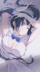  1girl ;) absurdres armpits arms_up black_hair blue_bow blue_bowtie blue_eyes blue_ribbon bow bowtie breasts cleavage cleavage_cutout clothing_cutout commentary covered_navel dress dungeon_ni_deai_wo_motomeru_no_wa_machigatteiru_darou_ka elbow_gloves gloves hair_ribbon hestia_(danmachi) highres holding holding_own_hair large_breasts light long_hair looking_at_viewer medium_breasts nobusawa_osamu one_eye_closed rei_no_himo ribbon sleeveless sleeveless_dress smile solo twintails upper_body white_dress white_gloves 