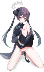 1girl absurdres aftersex aonu_koru black_dress black_hair blue_archive blush braid braided_bun breasts china_dress chinese_clothes clothes_lift commentary_request cum cum_in_pussy cumdrip double_bun dress dress_lift full_body grey_eyes grey_halo grey_jacket hair_bun halo highres jacket kisaki_(blue_archive) kneeling long_hair looking_at_viewer nipples partial_commentary pelvic_curtain petite simple_background sleeveless sleeveless_dress small_breasts solo twintails undressing white_background 