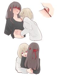  2girls black_hair black_shirt blindfold blonde_hair blush bra bra_strap clothes_lift ear_blush hand_on_another&#039;s_stomach hand_under_clothes hand_under_shirt highres holding_another&#039;s_wrist hug inoue_takina licking licking_another&#039;s_neck long_hair long_sleeves lycoris_recoil medium_hair multiple_girls nishikigi_chisato parted_lips purple_eyes red_blindfold red_bra red_eyes shiratama_draw shirt shirt_lift simple_background underwear upper_body white_background white_shirt yuri 
