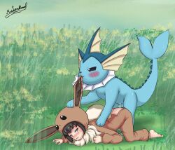  1boy 1girl all_fours ass bestiality biting blush brown_eyes cosplay costume creatures_(company) crying crying_with_eyes_open ear_biting eevee eevee_(cosplay) fake_ears fang game_freak gen_1_pokemon grass hetero highres hood hoodie interspecies loli makoto_orellana nature nintendo outdoors poke_kid_(pokemon) pokemon pokemon_(creature) pokemon_ears pokephilia sex sex_from_behind smile spikes tears vaporeon 