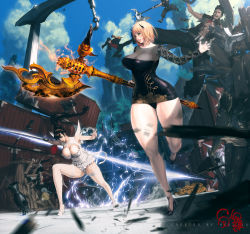  10s 2girls 4boys axe blade_&amp;_soul blonde_hair breasts cleavage dress electricity green_eyes high_heels highres horns huge_breasts hyulla large_breasts multiple_boys multiple_girls short_dress short_hair sword thick_thighs thighs tiger weapon wide_hips  rating:Sensitive score:63 user:danbooru