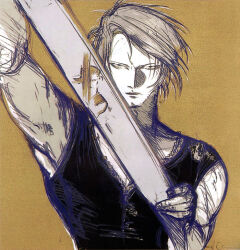  2boys amano_yoshitaka arm_up black_shirt brown_hair chain_necklace final_fantasy final_fantasy_viii glaring holding holding_sword holding_weapon jewelry limited_palette looking_at_viewer male_focus multiple_boys muscular muscular_male necklace official_art reflection scar scar_on_face seifer_almasy shirt short_hair sketch squall_leonhart sword third-party_source upper_body weapon yellow_background 