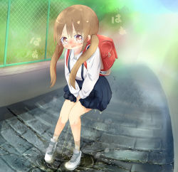  1girl 22m backpack bag blue_skirt blue_sky blush breath brown_hair character_request day embarrassed female_focus fence full_body have_to_pee japanese_text knees_together_feet_apart loli looking_at_viewer matching_hair/eyes nose_blush open_mouth outdoors peeing peeing_self pigeon-toed pleated_skirt puddle randoseru school_uniform shoes skirt sky socks solo standing steam suspenders tears translation_request trembling twintails wet wet_clothes white_footwear white_socks  rating:Questionable score:28 user:AngryZapdos