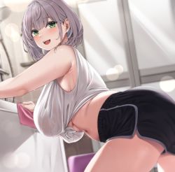 1girl ass black_shorts breasts green_eyes grey_hair highres hololive indoors large_breasts looking_at_viewer midriff moisture_(chichi) navel open_mouth shirogane_noel short_hair shorts smile solo tank_top teeth thighs upper_teeth_only virtual_youtuber white_tank_top rating:Sensitive score:149 user:danbooru