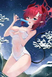  1girl :3 :d adjusting_clothes alternate_costume bare_shoulders blue_archive blurry breasts cleavage cocokawa_(cjsj8353) collarbone commentary_request covered_navel demon_girl demon_horns demon_tail depth_of_field food hair_between_eyes halo highres holding holding_food holding_popsicle horns in_water large_breasts long_hair looking_at_viewer megu_(blue_archive) naked_towel night night_sky onsen open_mouth outdoors pointy_ears ponytail popsicle rock see-through sidelocks sky smile snow solo star_(sky) starry_sky tail towel tree white_towel 