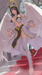  1girl angel angel_wings animal_ears arms_at_sides black_hair black_loincloth breasts breasts_apart brown_eyes cat_ears cat_tail church claw_pose commentary dust english_commentary feathered_wings feathers feet highres indoors large_breasts loincloth long_bangs long_eyelashes long_hair long_toenails looking_at_viewer lyoung0j midriff navel no_pants original puffy_sleeves revealing_clothes ribbon skindentation skirt smile solo stained_glass stairs stirrup_legwear tail tail_ornament tail_ribbon thick_thighs thighhighs thighs toeless_legwear toenails toes toned white_feathers white_skirt white_thighhighs wings yellow_ribbon 