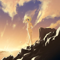 1girl ass bad_id bad_pixiv_id barefoot blonde_hair blue_eyes blush broiler cliff cloud feet flat_chest light_smile loli looking_back nature nude ocean original outdoors short_hair sky solo sunset toes zenra rating:Questionable score:29 user:danbooru