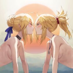  2girls ahoge alternate_costume artoria_pendragon_(all) artoria_pendragon_(fate) bare_shoulders blonde_hair braid breasts choker closed_eyes fate/apocrypha fate/stay_night fate_(series) french_braid green_eyes hair_bun hair_ornament hair_scrunchie half-closed_eyes highres imminent_kiss incest jewelry long_hair mordred_(fate) mordred_(fate/apocrypha) mother_and_daughter multiple_girls necklace nude parted_bangs ponytail saber_(fate) scrunchie sidelocks single_hair_bun small_breasts tonee yuri  rating:Questionable score:93 user:danbooru