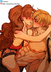 1boy 1girl after_kiss blonde_hair blush breasts breasts_out brown_hair charlotte_pudding curly_eyebrow curvy full-face_blush glasses imminent_penetration kiss large_breasts lingerie long_hair muscular muscular_male nipples one_piece open_clothes open_shirt rita_ya saliva saliva_trail sanji_(one_piece) third_eye tongue tongue_out twintails underwear
