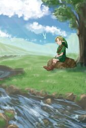  1boy boots brown_footwear cloud cloudy_sky fairy grass green_tunic highres holding_ocarina leather leather_boots link navi nintendo outdoors river rock sitting sitting_on_rock sky the_legend_of_zelda the_legend_of_zelda:_ocarina_of_time tree young_link yuuyou_(link1357zelda) 