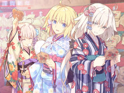  3girls ahoge blonde_hair blue_eyes blue_flower blue_kimono braid brown_eyes fate/apocrypha fate/grand_order fate_(series) floral_print flower hair_between_eyes hair_flower hair_ornament highres holding japanese_clothes jeanne_d&#039;arc_(fate) jeanne_d&#039;arc_(ruler)_(fate) jeanne_d&#039;arc_alter_(avenger)_(fate) jeanne_d&#039;arc_alter_(fate) jeanne_d&#039;arc_alter_santa_lily_(fate) kimono long_hair long_sleeves looking_at_another multiple_girls nengajou new_year print_kimono saipaco sash silver_hair smile wide_sleeves  rating:Sensitive score:11 user:danbooru