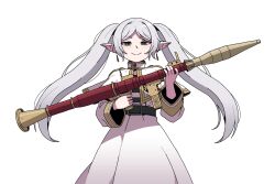  1girl capelet dress elf frieren from_below green_eyes highres holding holding_weapon karepack long_hair looking_at_viewer pointy_ears rocket_launcher rpg rpg-7 rpg_(weapon) simple_background smug solo sousou_no_frieren twintails weapon white_background white_capelet white_dress white_hair 