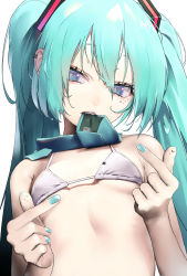 1girl aqua_eyes aqua_hair aqua_nails bad_id bad_pixiv_id bare_shoulders bikini breasts double_finger_heart finger_heart hair_between_eyes hair_ornament hands_up hatsune_miku highres long_hair looking_at_viewer mouth_hold multiple_piercings nail_polish necktie necktie_in_mouth pink_lips rsk_(tbhono) sidelocks small_breasts solo swimsuit twintails very_long_hair vocaloid white_bikini rating:Sensitive score:85 user:danbooru