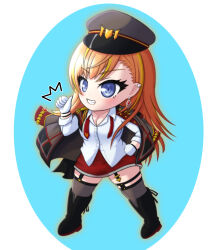  1girl :d assault_lily black_footwear blonde_hair blue_background blue_eyes boots breasts buttons chibi cleavage collarbone collared_shirt commentary_request earclip earrings epaulettes garter_straps gloves grey_hat grey_jacket grey_thighhighs grin halftone hand_on_own_hip hand_up hat highres jacket jacket_on_shoulders jewelry kariya_higure knee_boots legs_apart long_hair long_sleeves looking_at_viewer medium_breasts miniskirt multicolored_hair necktie noblesse_(noblesse_2023) official_alternate_costume open_mouth orange_hair partially_unbuttoned peaked_cap red_necktie red_skirt shirt skirt smile solo standing streaked_hair thighhighs thumbs_up two-tone_background two-tone_hair undone_necktie v-shaped_eyebrows very_long_hair white_background white_gloves white_shirt 
