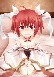 10s 1girl ahoge bare_shoulders bed blush breasts child cleavage collarbone date_a_live highres itsuka_kotori jewelry kneeling long_hair looking_at_viewer mmrailgun necklace open_mouth red_eyes red_hair sash shawl short_hair sleeveless solo tears twintails wide_sleeves rating:Sensitive score:42 user:danbooru