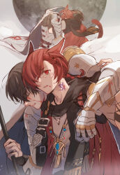  2boys adventurer_(ff14) animal_ears archon_mark armor black_scarf bleeding blood blood_on_clothes blood_on_face braid breastplate brown_hair cape carrying carrying_person cat_boy cat_ears cat_tail closed_eyes cuts facial_mark final_fantasy final_fantasy_xiv g&#039;raha_tia gauntlets grey_shirt hair_ornament hair_over_one_eye huge_moon hyur injury jacket jewelry male_focus mid.m miqo&#039;te moon multiple_boys multiple_views neck_tattoo one_eye_covered open_mouth paladin_(final_fantasy) pauldrons pendant red_hair red_jacket scarf shirt shoulder_armor shoulder_belt single_braid slit_pupils swept_bangs tail tattoo two-sided_fabric unconscious upper_body warrior_of_light_(ff14) white_background white_cape x_hair_ornament 