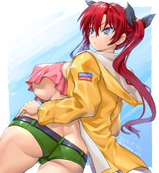 1girl aged_up amania_orz backboob black_ribbon blue_eyes breasts commentary_request copyright_request cowboy_shot dated from_behind green_shorts hair_between_eyes hair_ribbon hood hood_down jacket long_hair long_sleeves micro_shorts oogami_marina red_hair ribbon shadow shorts sideboob solo twintails twitter_username underboob very_long_hair yellow_jacket  rating:Sensitive score:27 user:danbooru